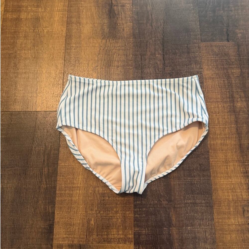 Albion Fit High Waisted Bikini Bottoms Blue White Stripe Size Small